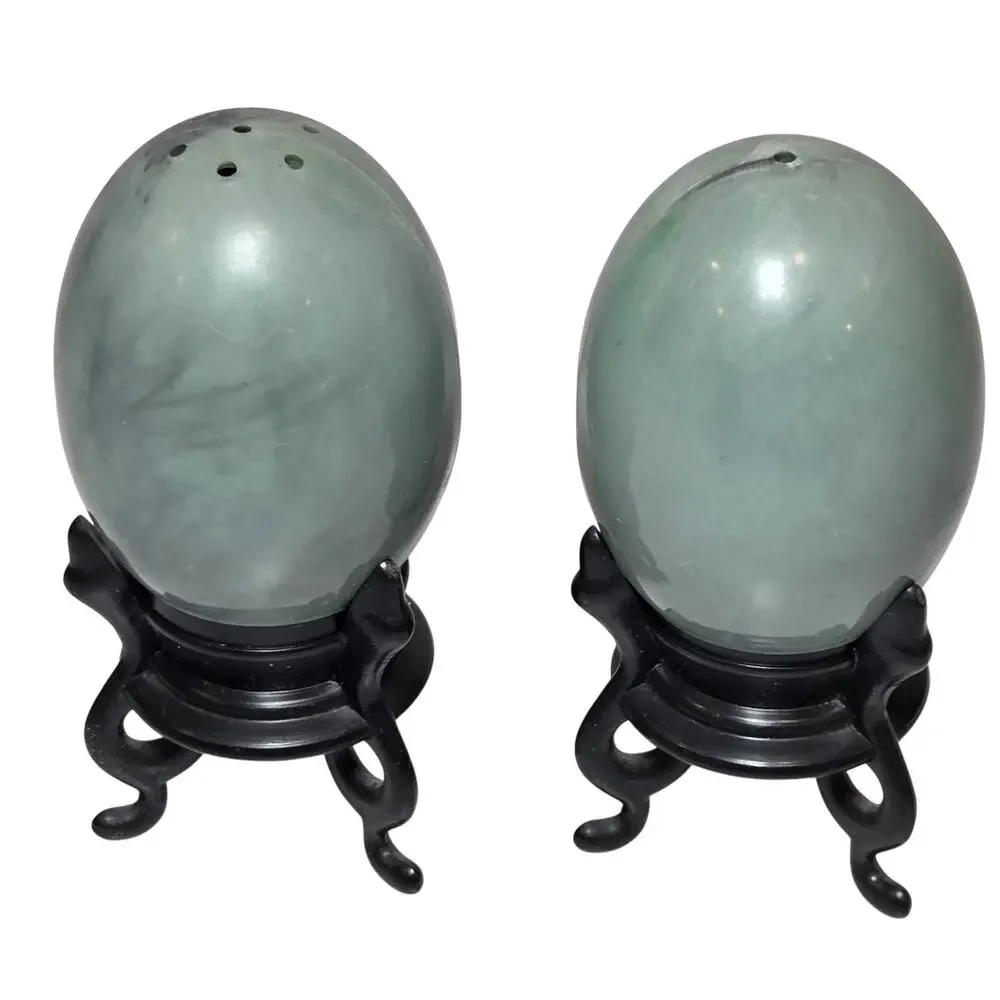 Vintage Hong Kong Faux Jade Egg Salt & Pepper Shakers Asian Landscape w/ Stands